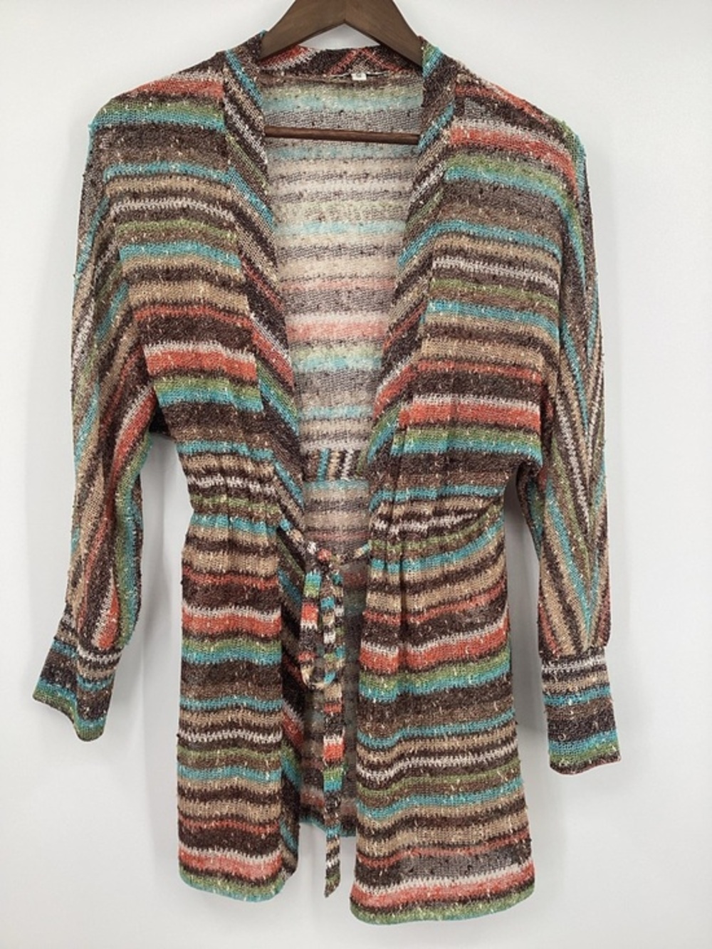 Striped Tie-Waist Open Cardigan Sweater - Multicolor